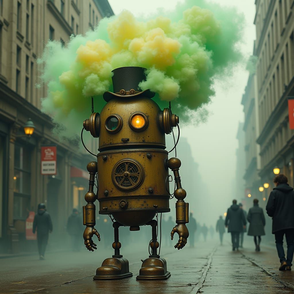Steampunk Robot Farting in Victorian City Street