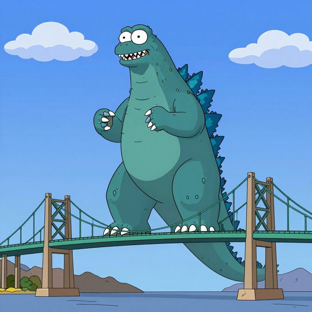 Godzilla Attacks Tasman Bridge in Simpsons Style