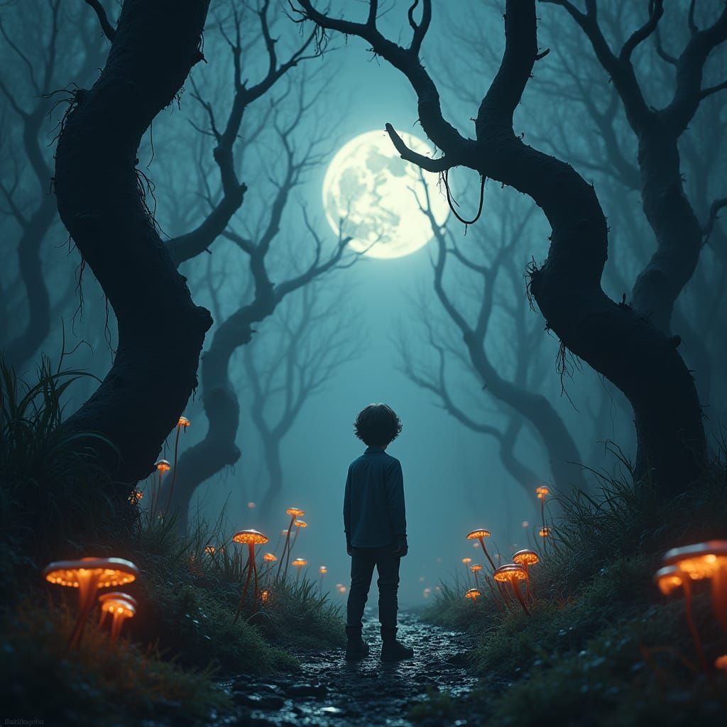 Mysterious Boy in Bioluminescent Forest, Digital Art