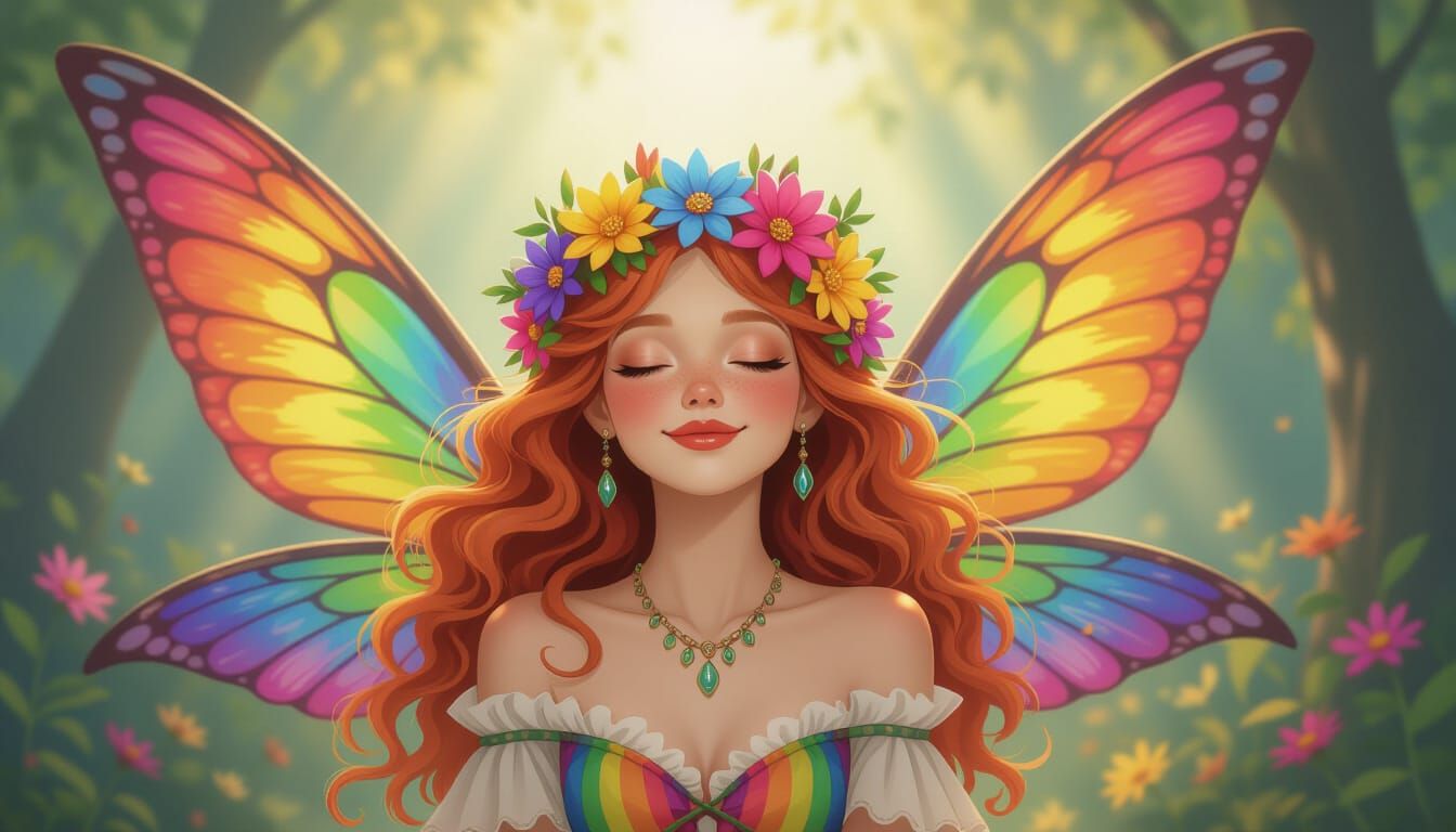 Sleepy Spring Faerie With Rainbow Wings