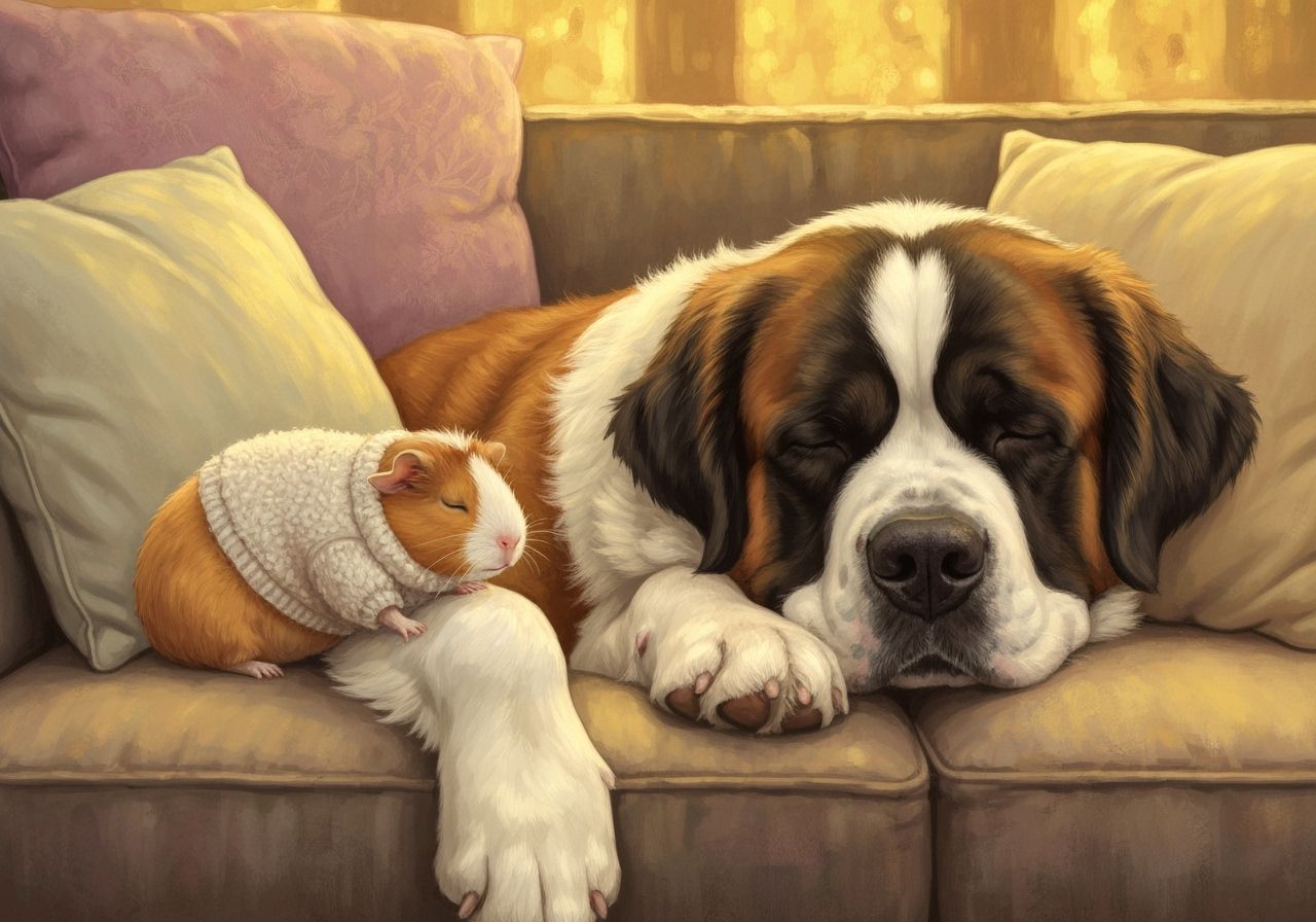 Tiny Guinea Pig Rests on Sleeping Saint Bernard, Cozy Living...