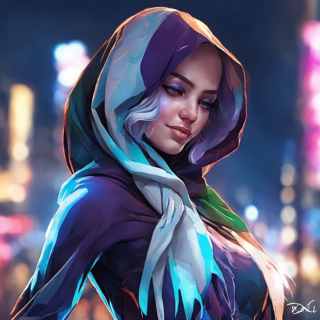 Detailed Portrait of Woman in Hijab, Art Nouveau Style