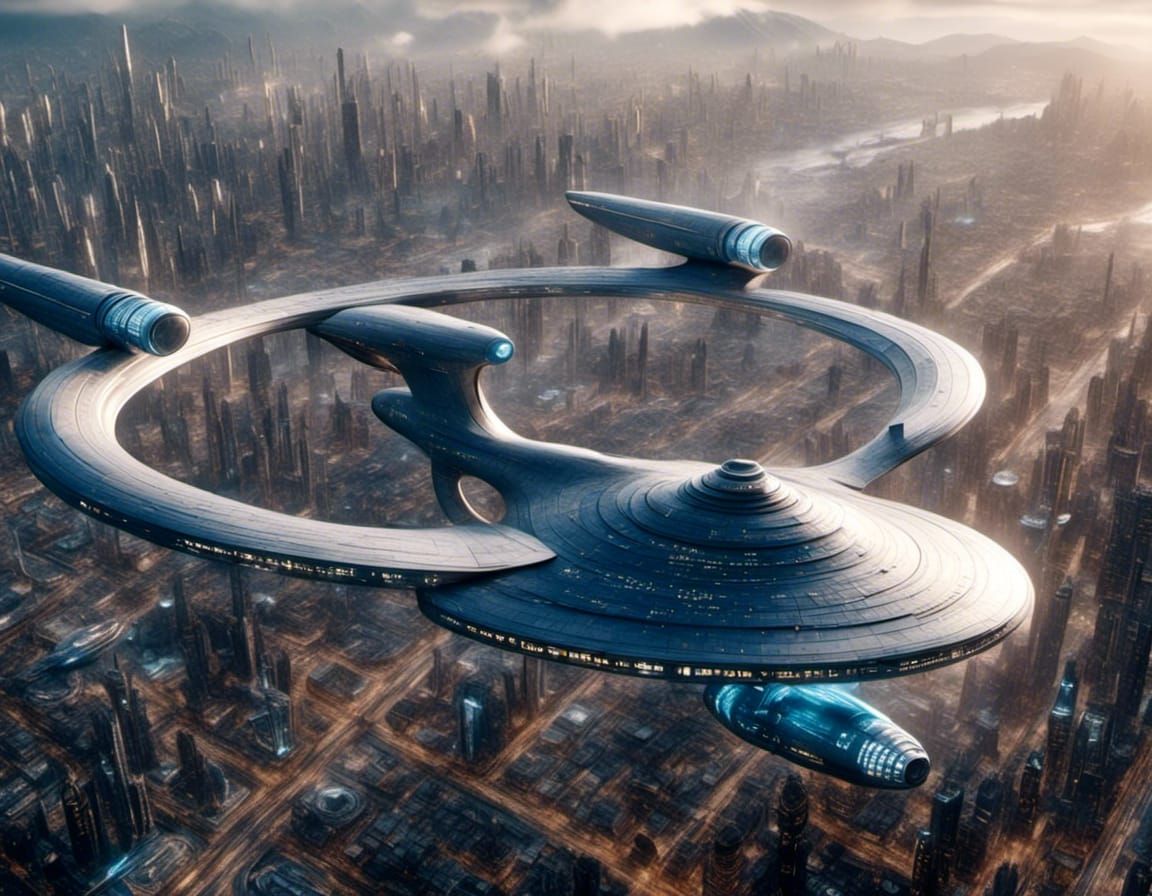 Star Trek Starfleet Cruiser Flying Over City
