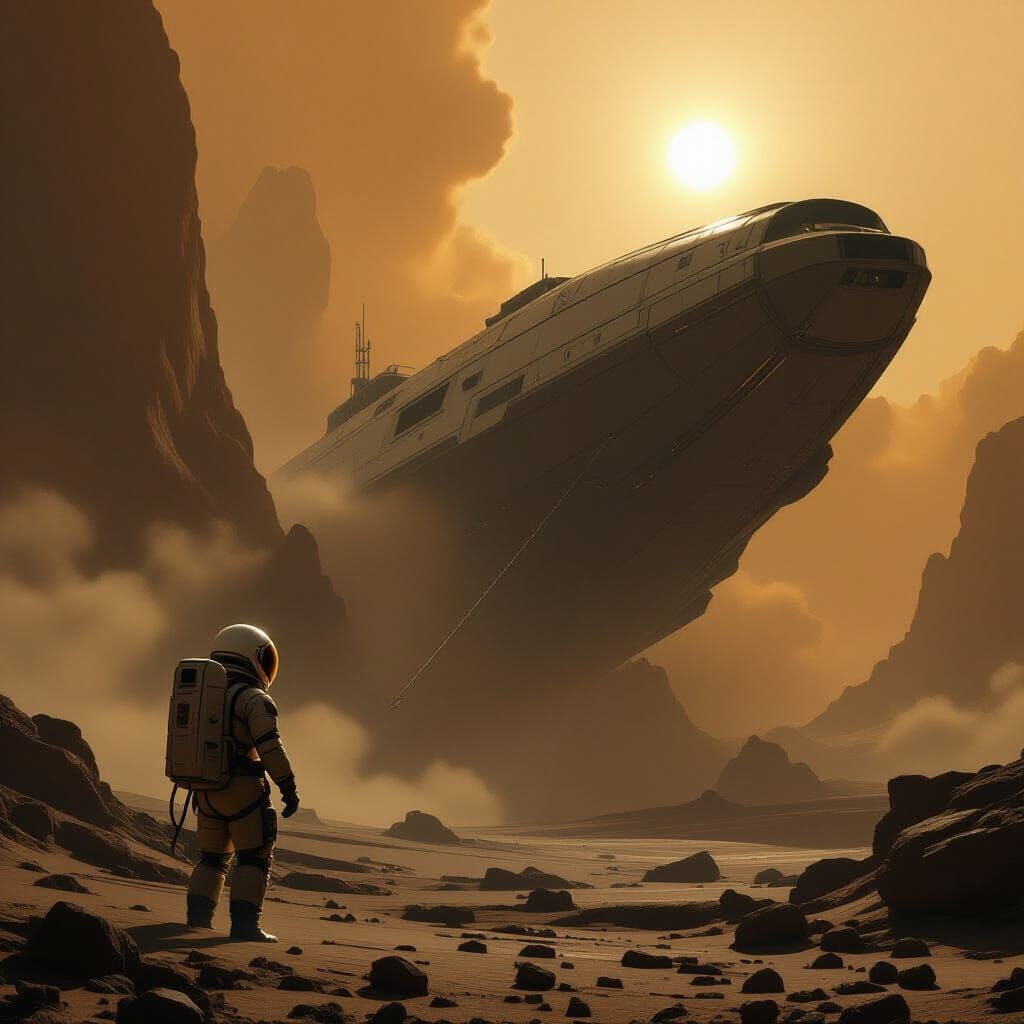 Astronaut Adrift Near Alien Ship in Nebula Glow