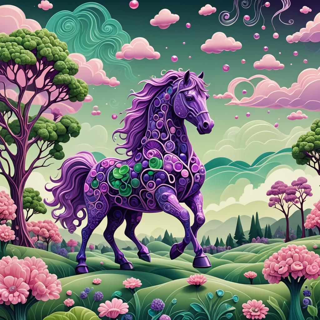 Surreal Jelly Horse in a Dreamscape, Abstract Vector Art