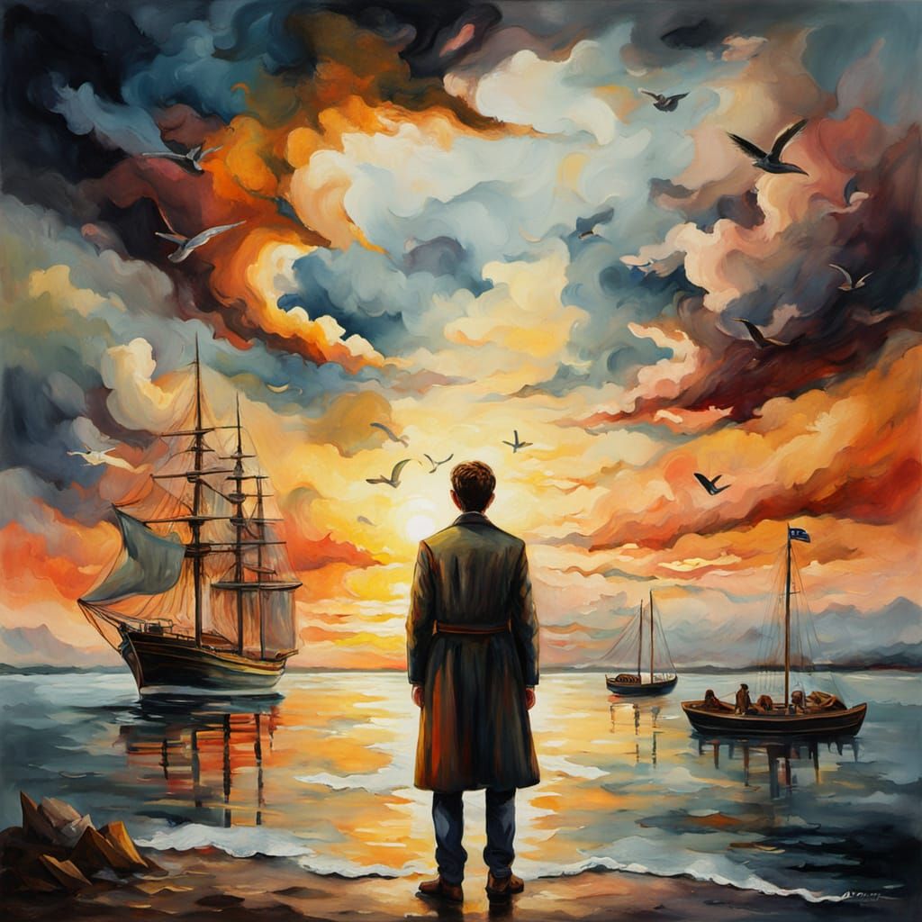 Surrealist Shore Scene with Sailing Ships, Oil Painting