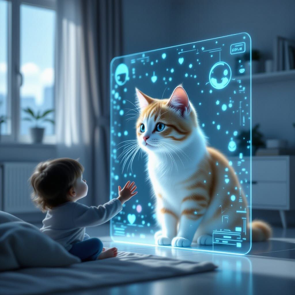 Child Reaches for Holographic Cat in Minimalist Future