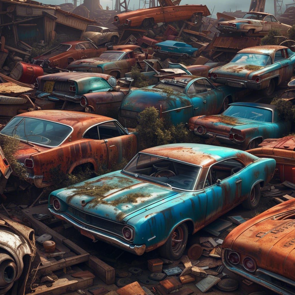 Junkyard Scene with 1960s Muscle Cars