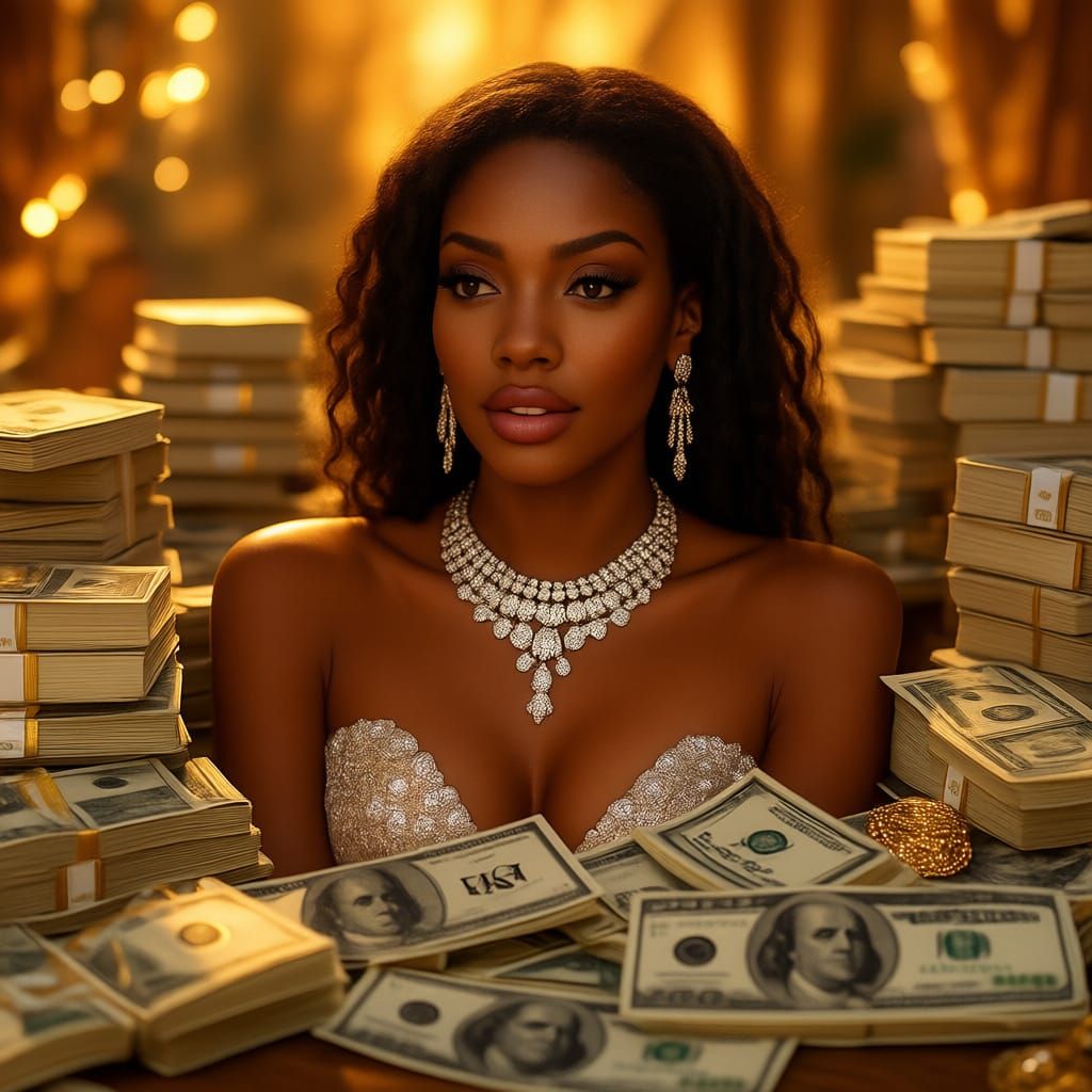 Woman Surrounded by Diamonds and Money