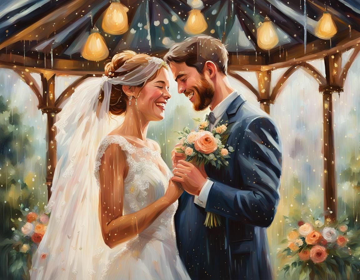 Bride and Groom Dancing in the Rain: Impressionist Oil Paint...