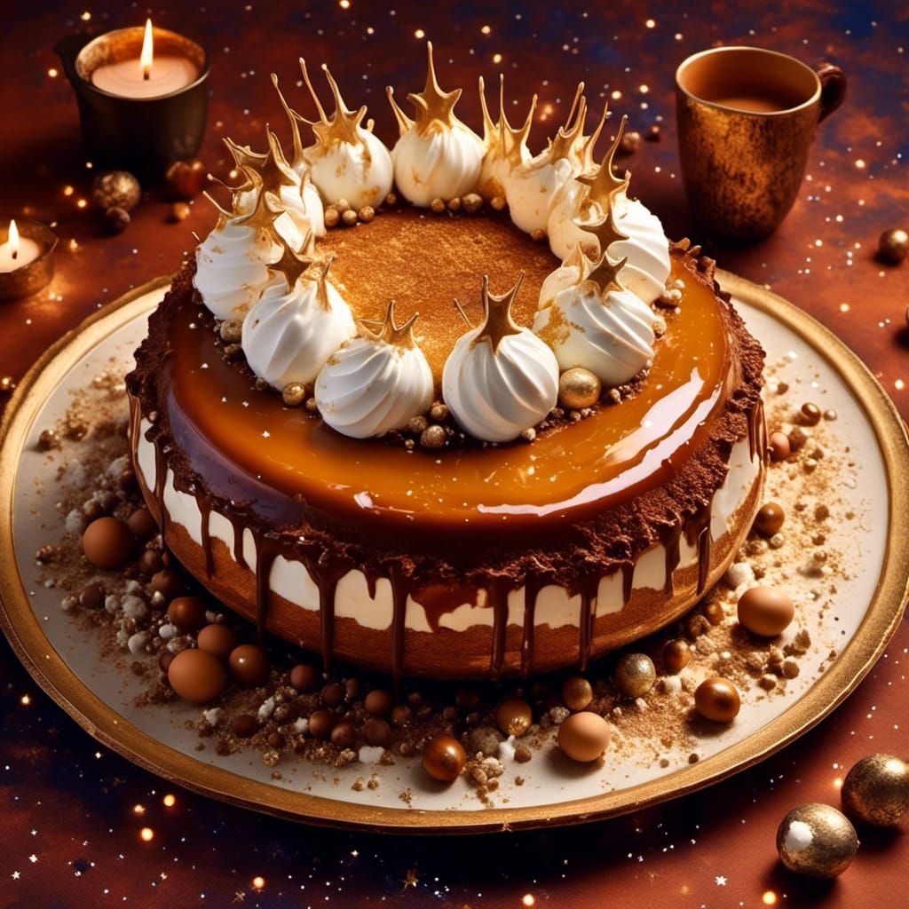 Intricate Egg Flan Dessert with Constellation of Whipped Cre...