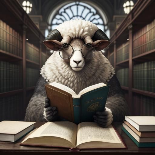 Sheep Reading in Library: Detailed Matte Painting