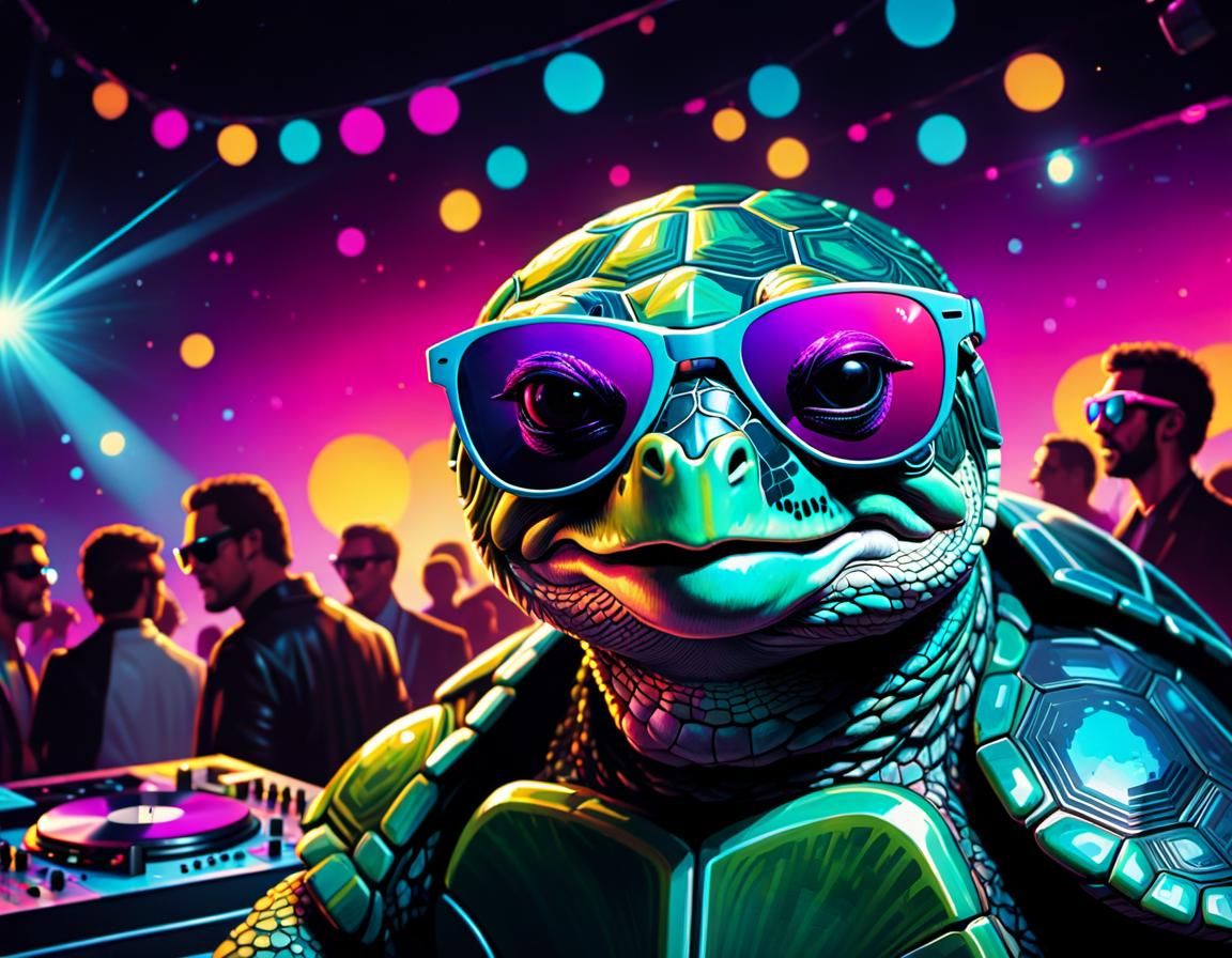 Synthwave Turtle DJ Party Portrait in Futurism Style