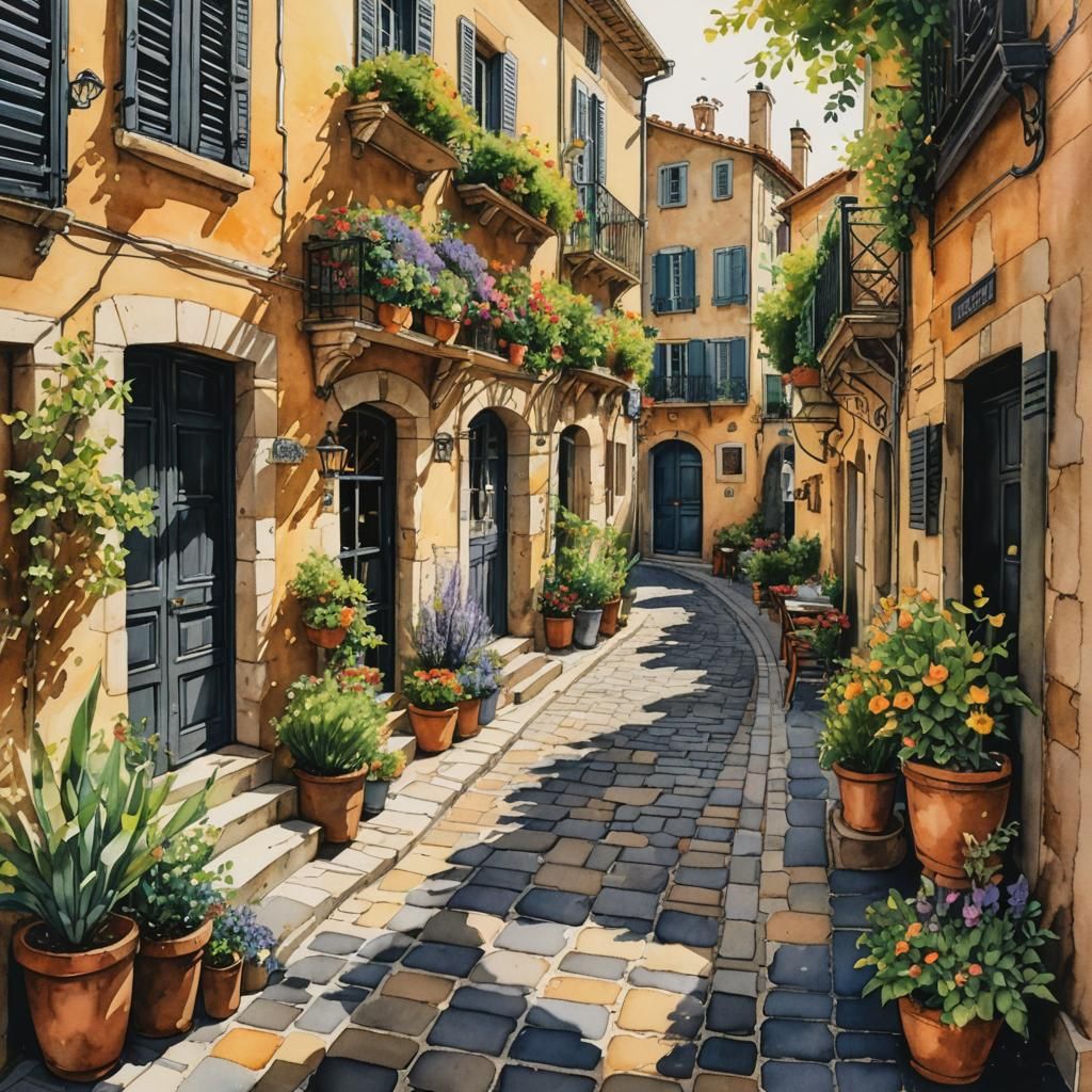 Charming Provence Street: A Watercolor and Ink Sketch