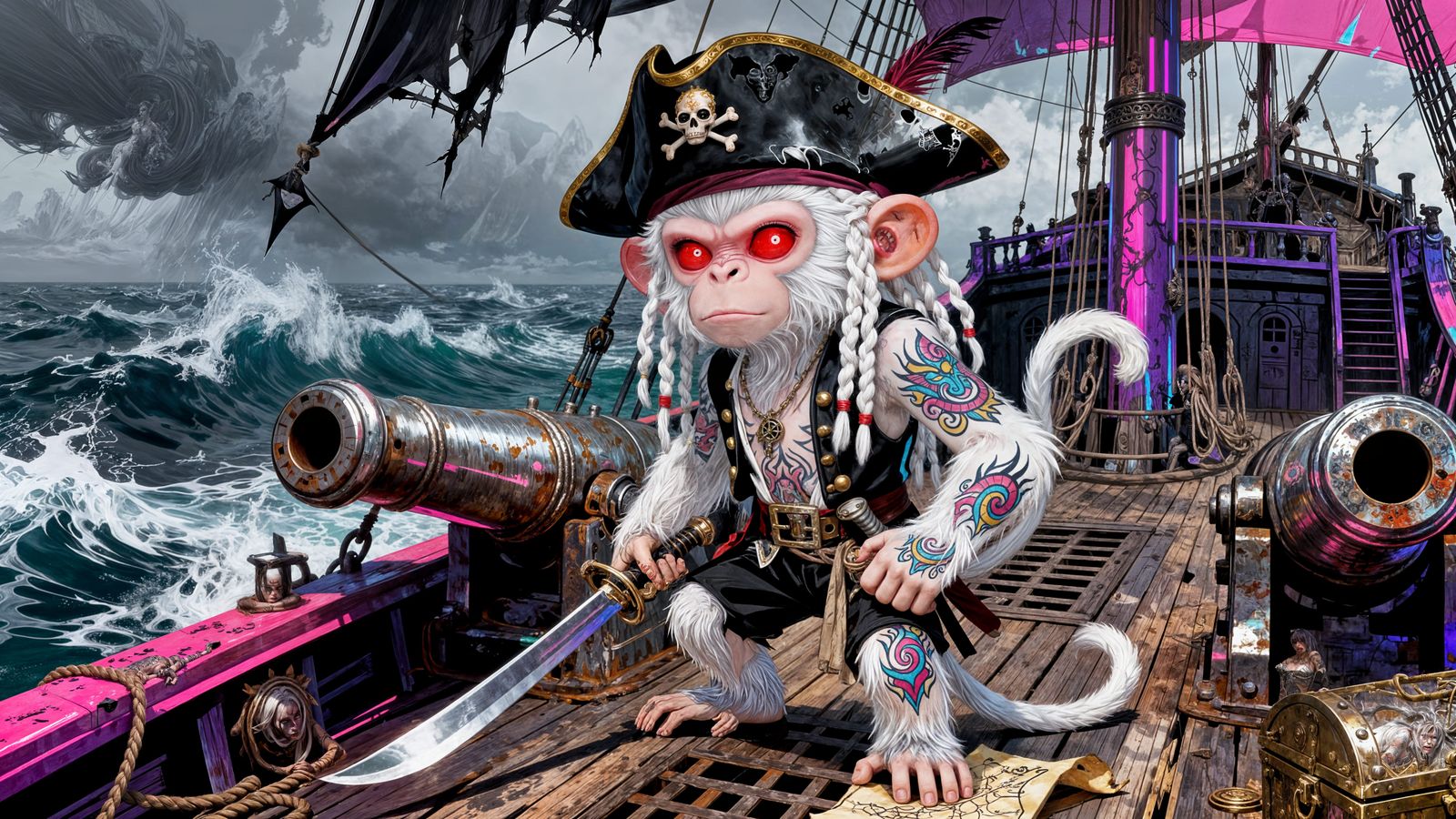 Gothic Dread Pirate Monkey with Tattoos, Patrick Nagel Style