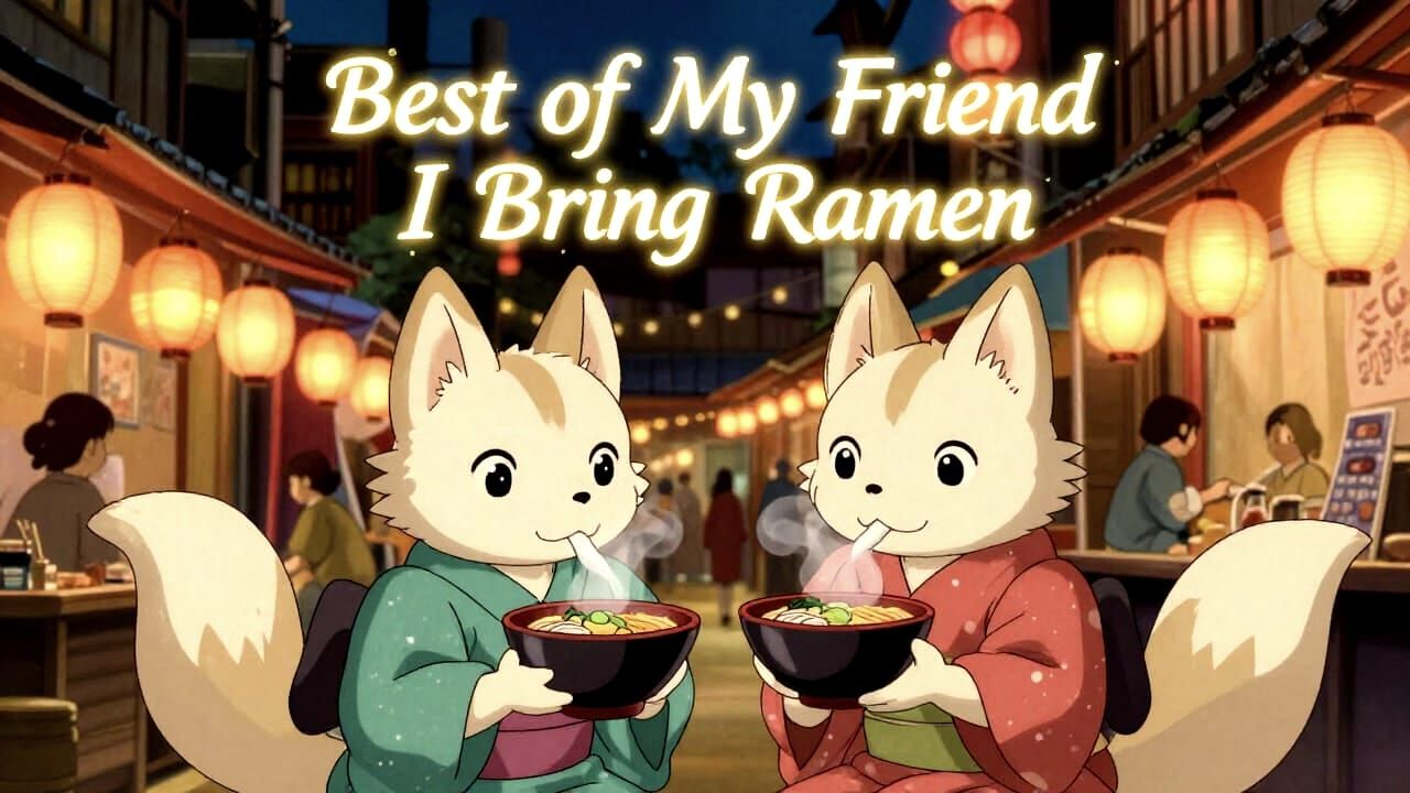 Cute Kitsu Friends Share Ramen in Japanese Market