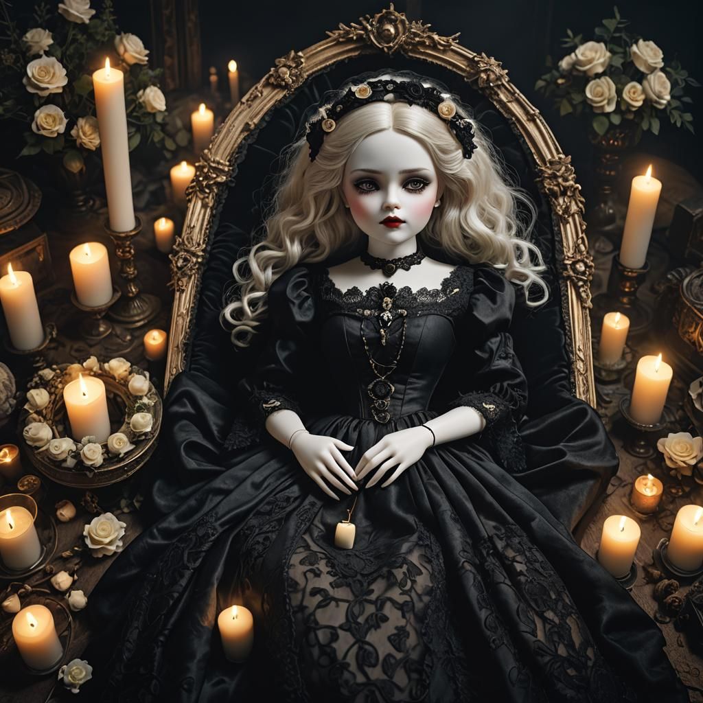 Gothic Porcelain Doll Playing Dead in Casket