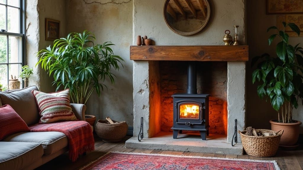 Warm Bohemian Living Room with Cozy Fireplace and Earthy Vib...