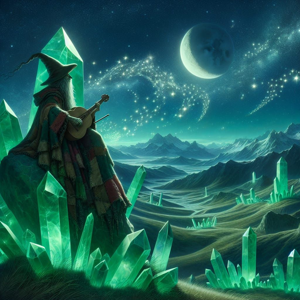 Wizard Conjuring Stars on Crystalline Landscape