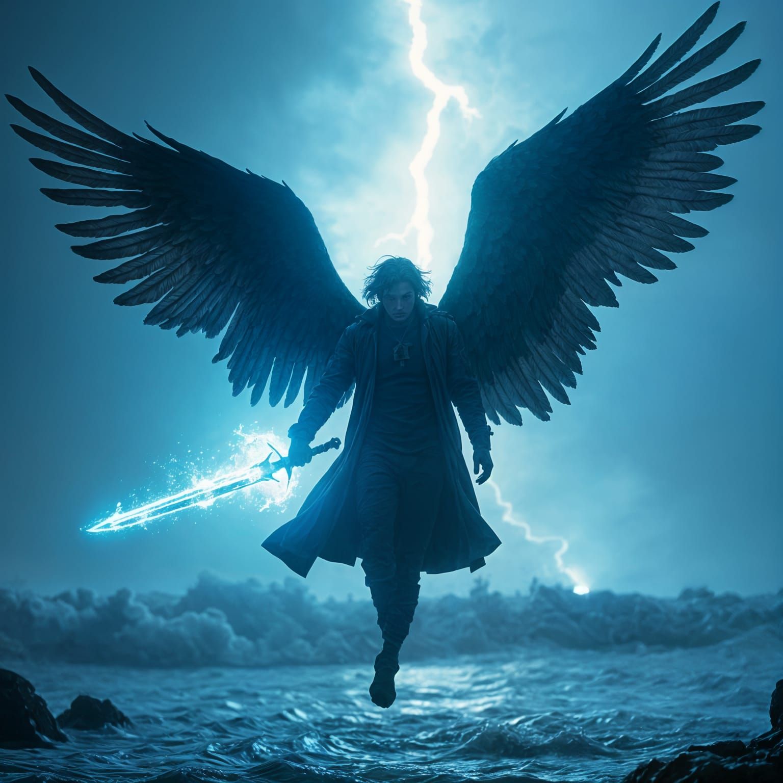 Fallen Angel with Energy Sword in Cinematic Style