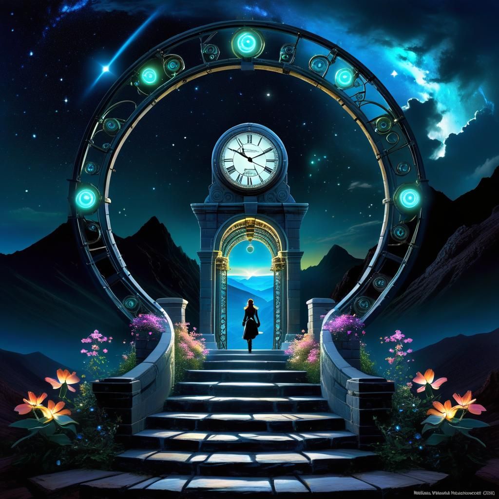 Surreal Time Portal with Bioluminescent Flowers