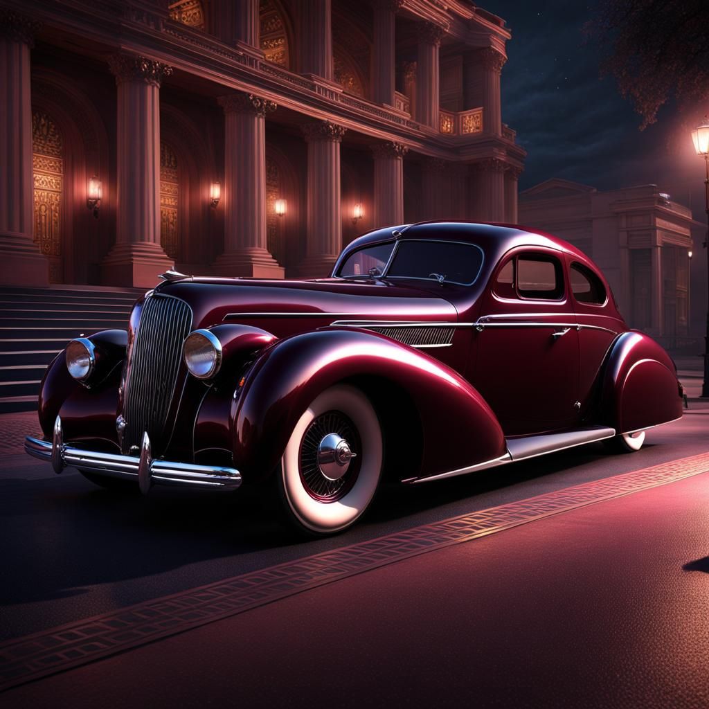 1938 Maroon Fastback at the Opera, Art Deco Style