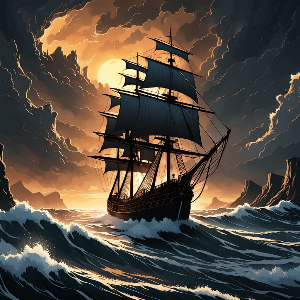 Majestic Sailing Ship on a Colossal Wave