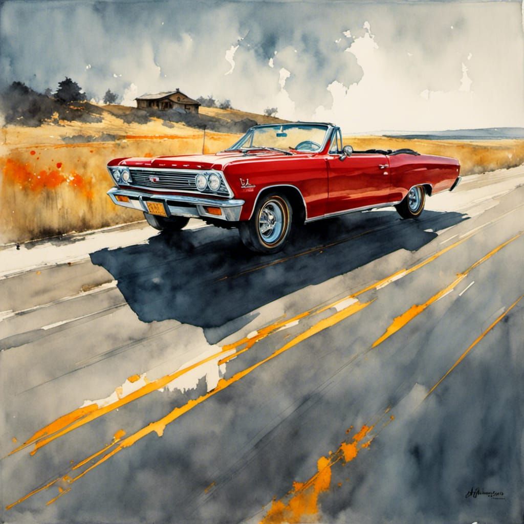 Classic Red 1965 Chevelle Convertible Speeding on Road