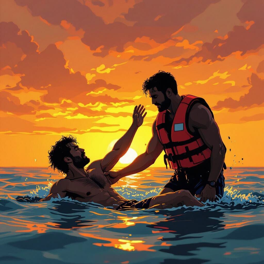 Lifeguard Rescues Man at Sunset in Graphic Style