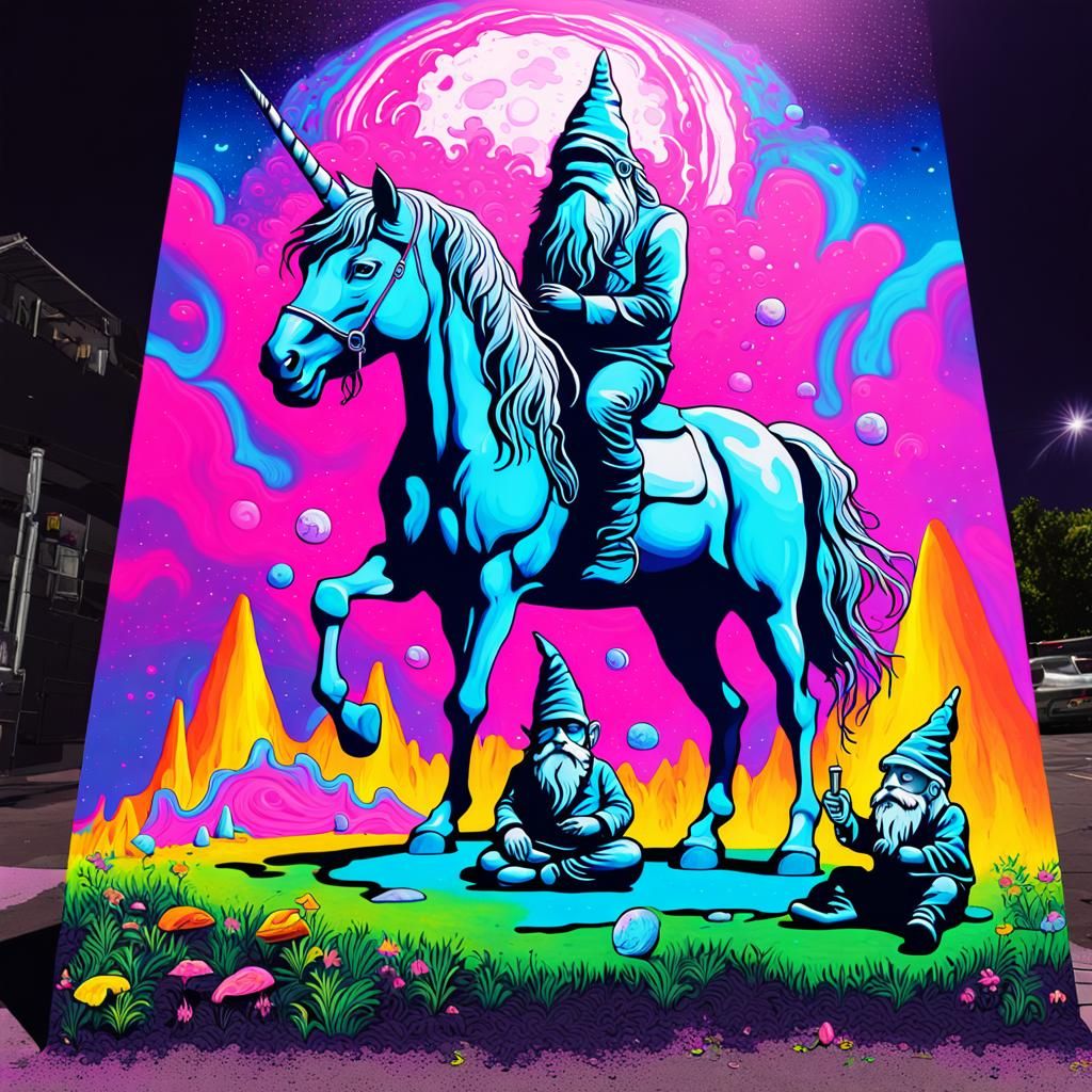 Blacklight poster of a unicorn and a gnome chilling