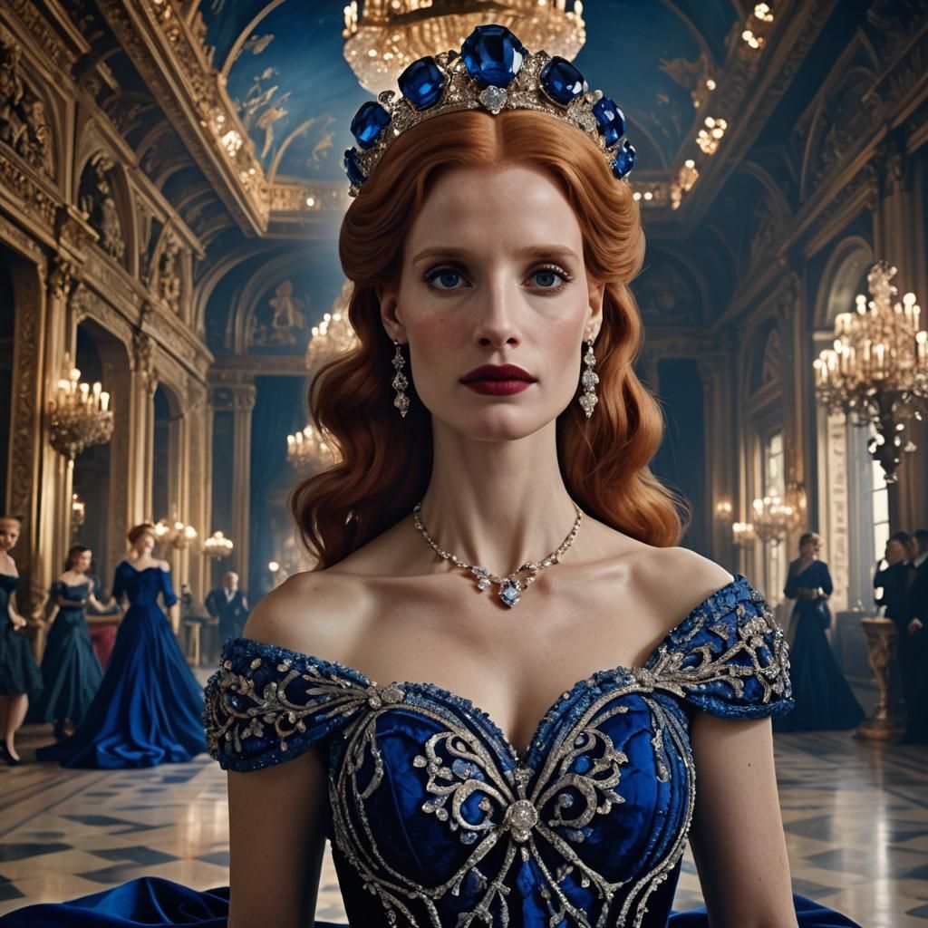 Jessica Chastain Anime in Sapphire Headpiece and Gown