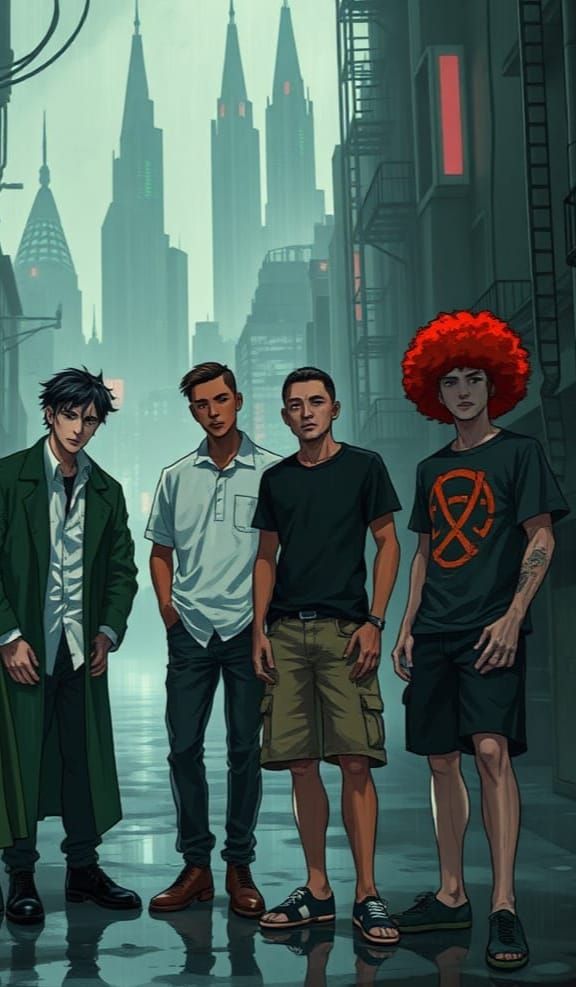 Futuristic Men in Grungy City, Studio Ghibli Style