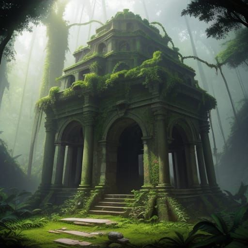 Jungle City Ruins with Explorer in Golden Hour Light