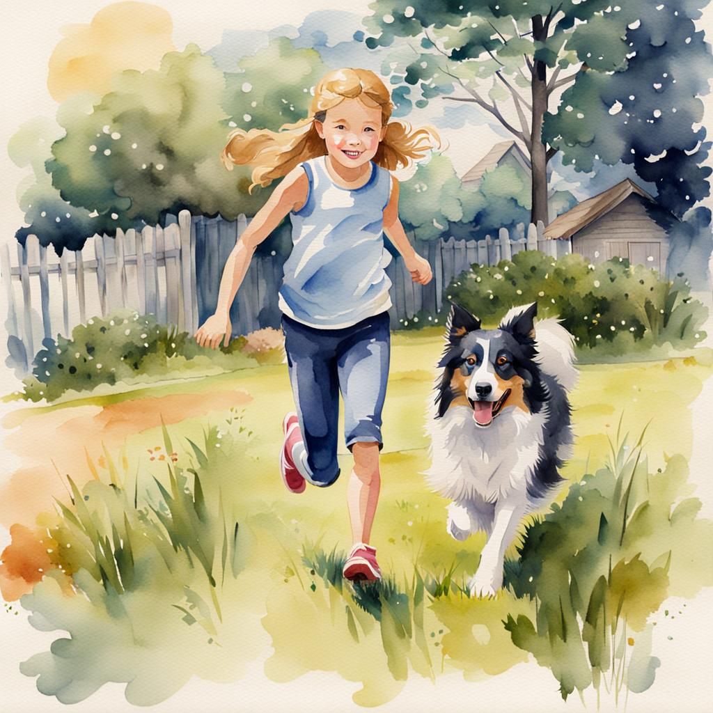 Girl and Collie Dog Watercolor Painting