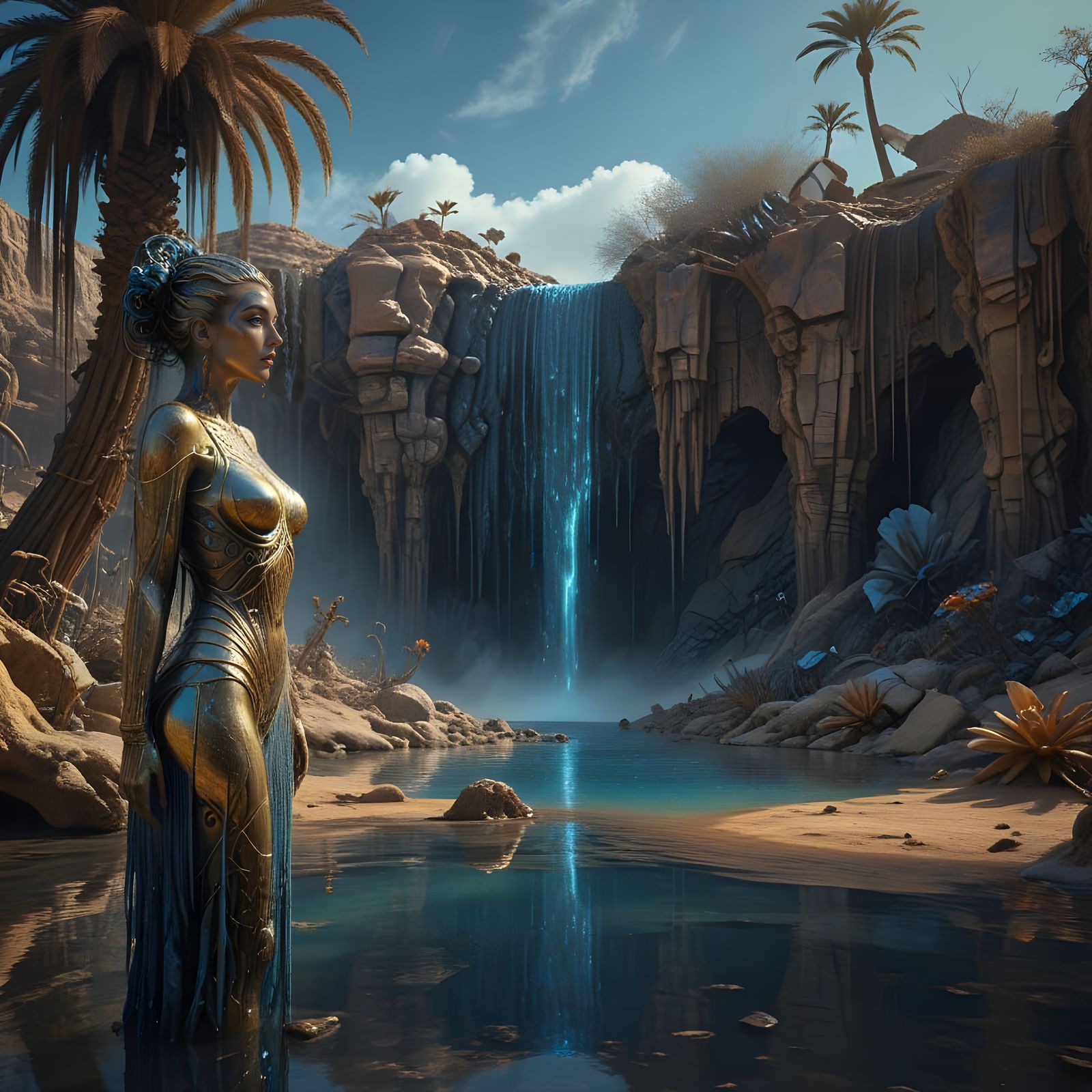 Golden Goddess in a Dreamlike Oasis Scene, Surrealist Art