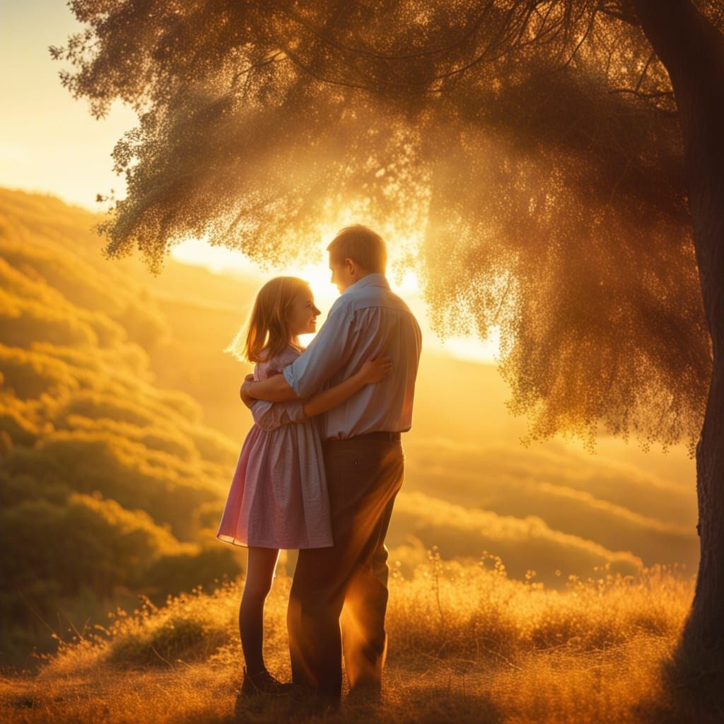 Girl and Father Embrace in Golden Sunlight
