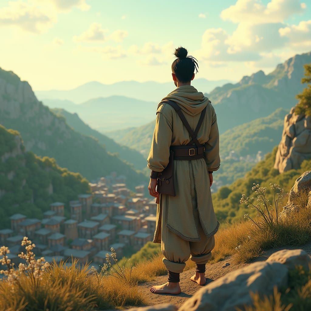 Man Overlooking Distant Town in Anime Style