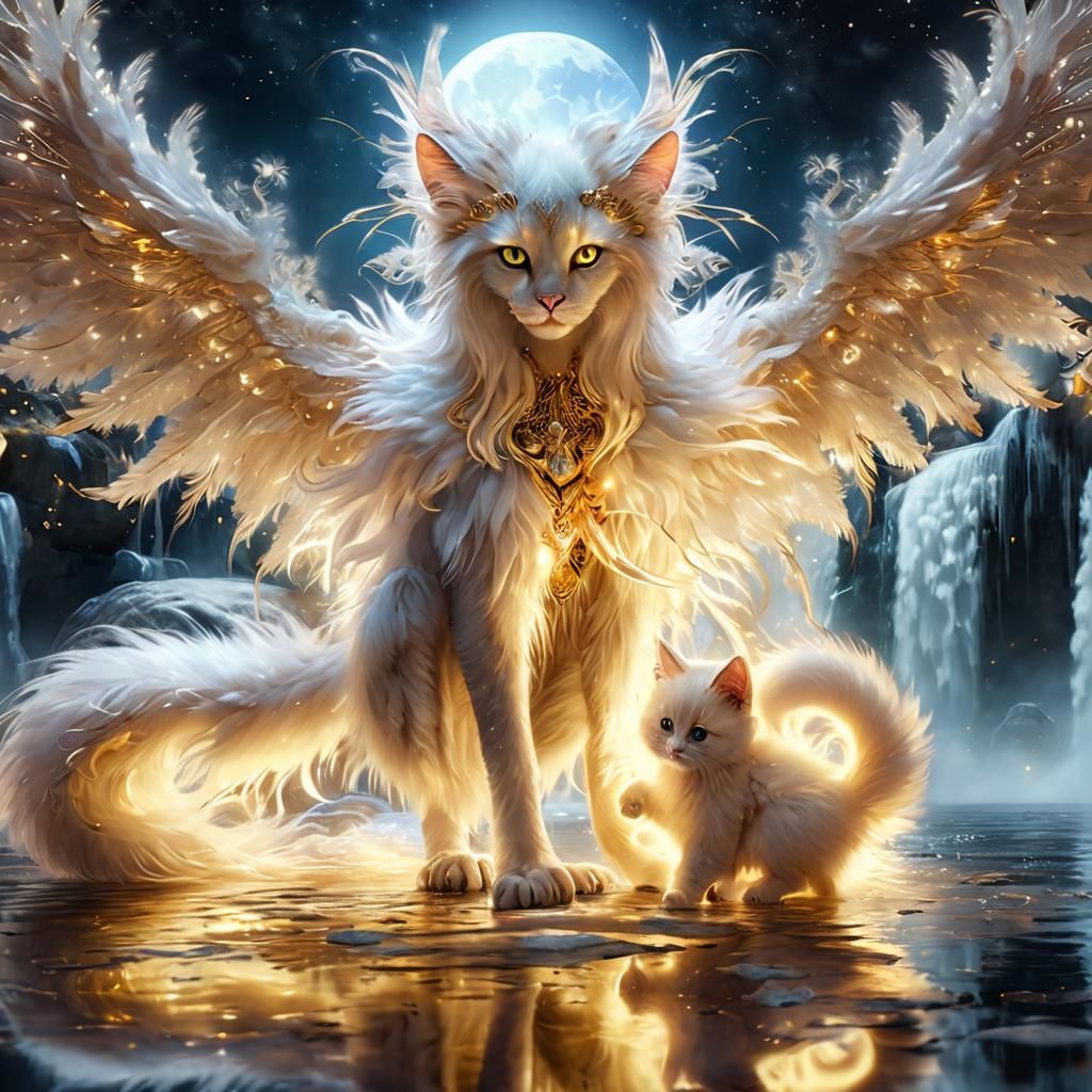 Holographic Gold Cat Creature with Kitten