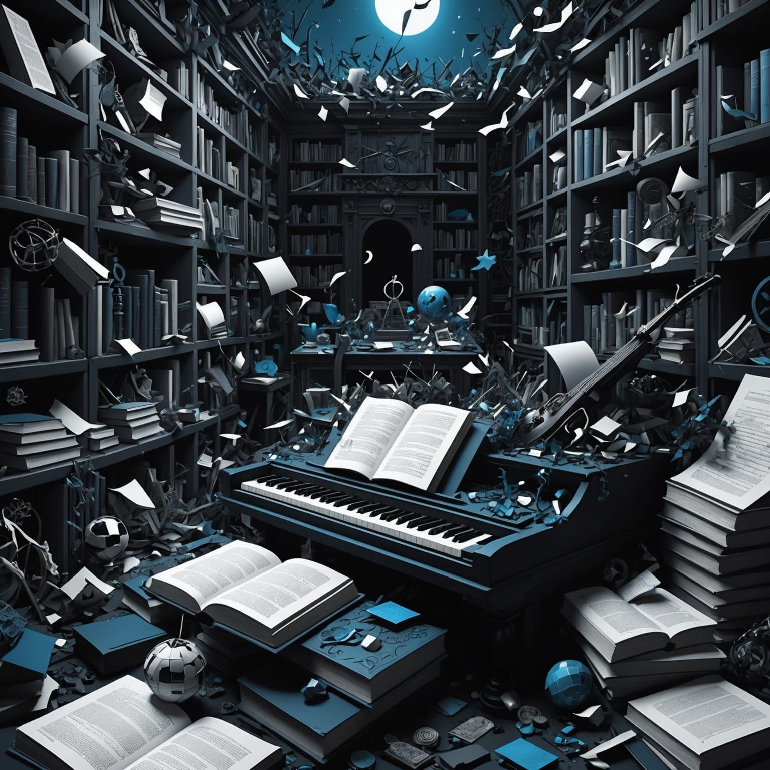 Chaotic Dark Fantasy Scene in Black, White, and Blue