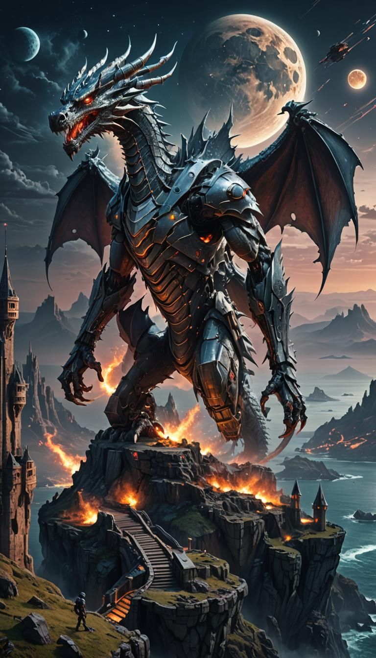Cybernetic Dragon Assault on Neo-Futuristic Castle