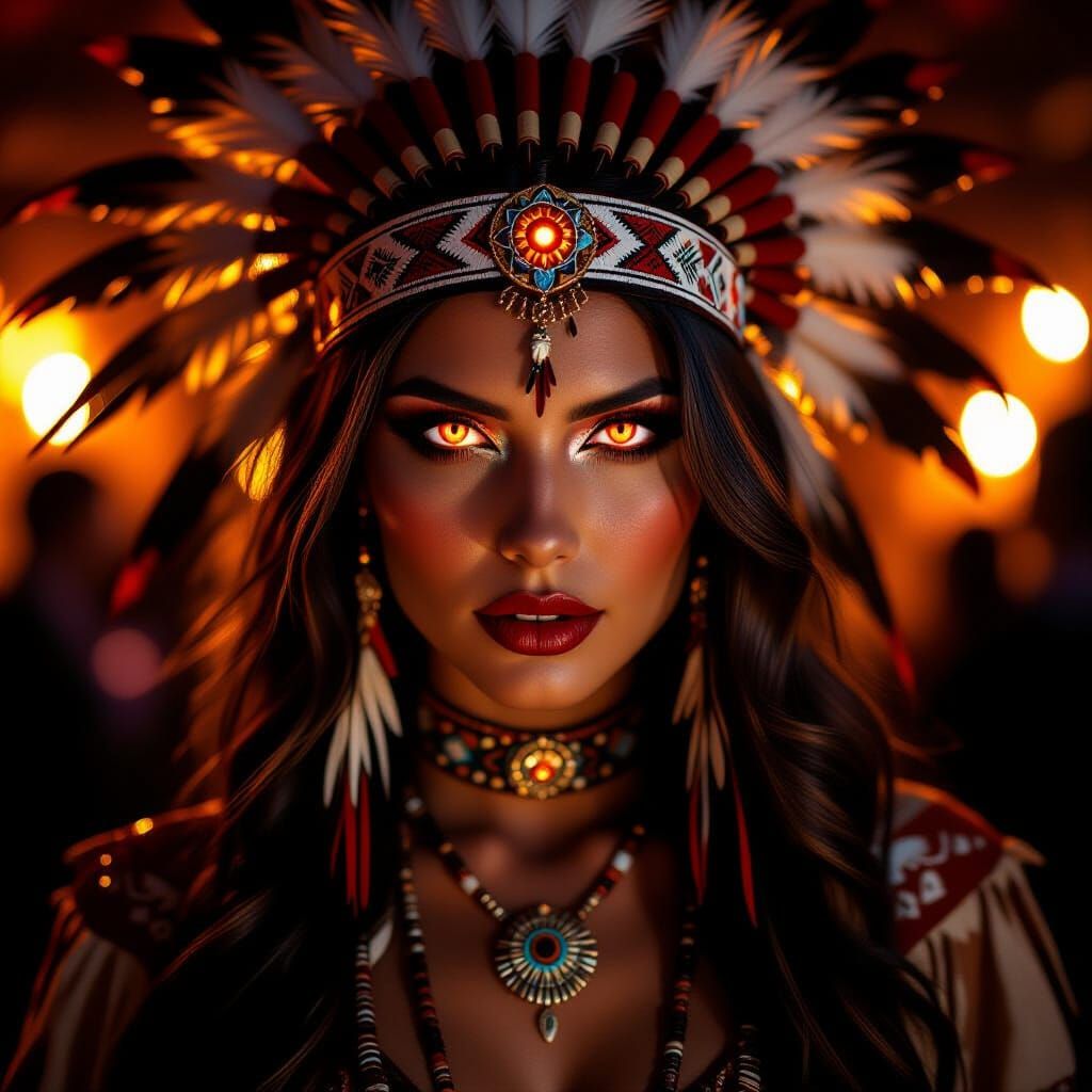 Vampire Woman in Native American Disguise at Halloween Party