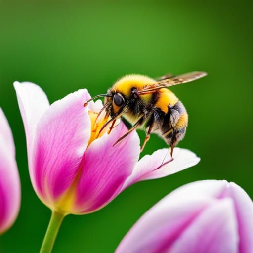 Bumble Bee on Dewy Tulips in Golden Hour Lighting