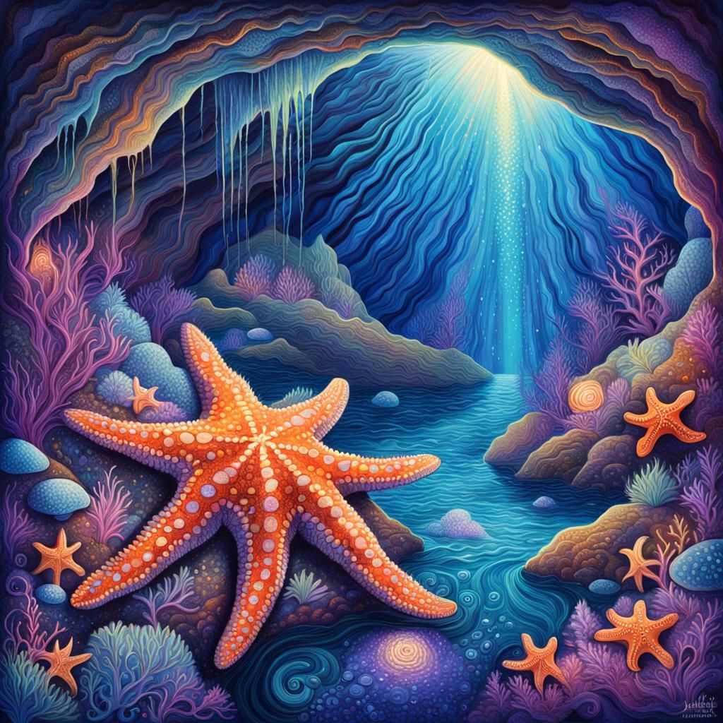 Surreal Starfish Scene in Cosmic Art Style