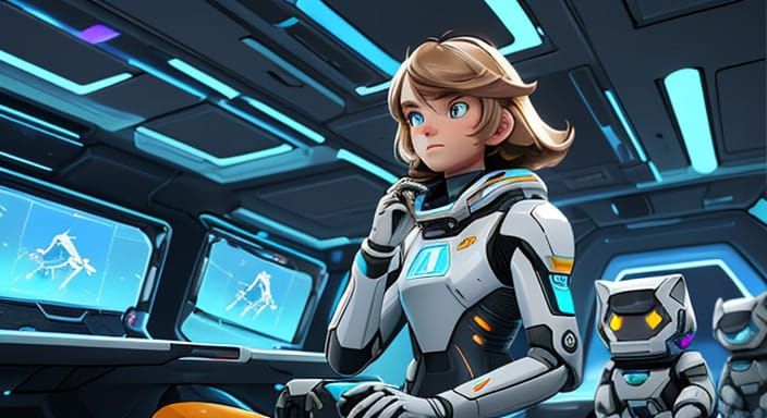 Cyberpunk Spacecraft Interior with Glowing Holographic Displ...