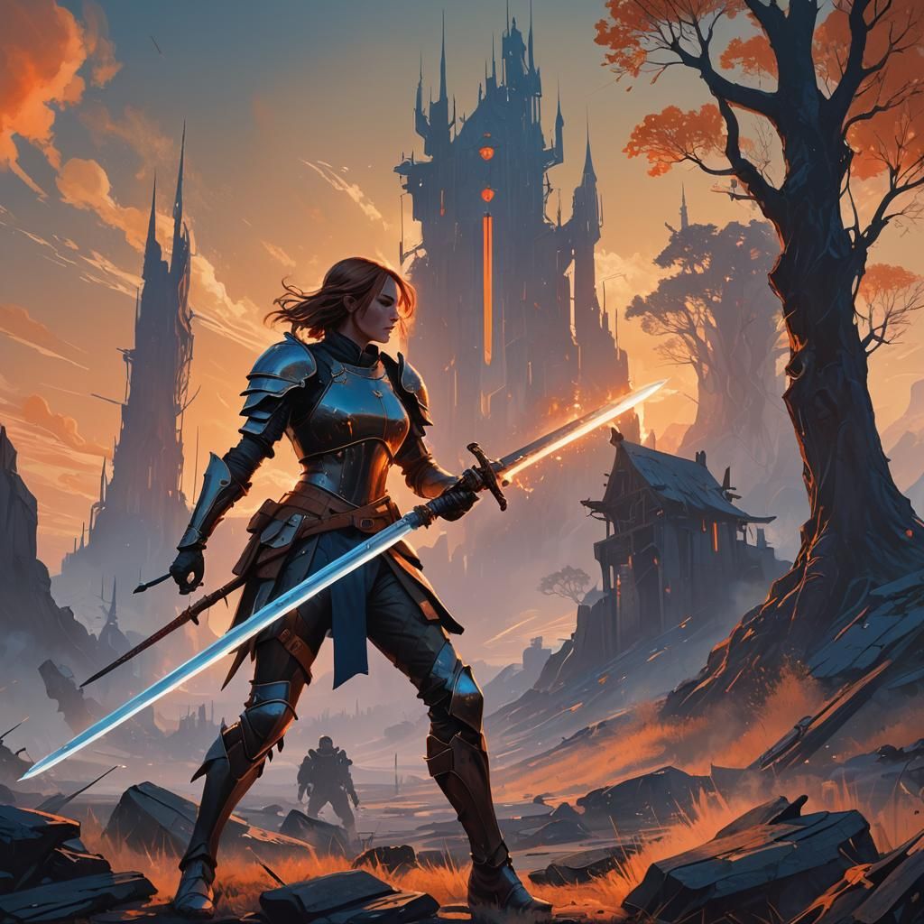 Fantasy Warrior in War-Torn Landscape