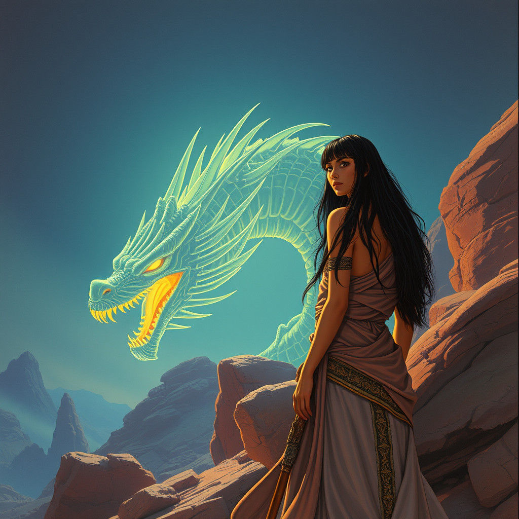 Egyptian Woman and Dragon in Vintage Style