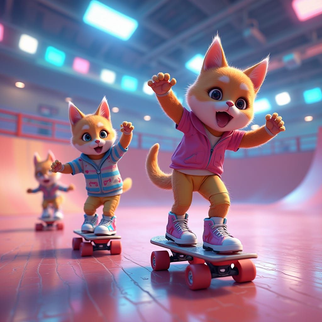 Vibrant Cats and Dogs on Roller Skates in Anime Style