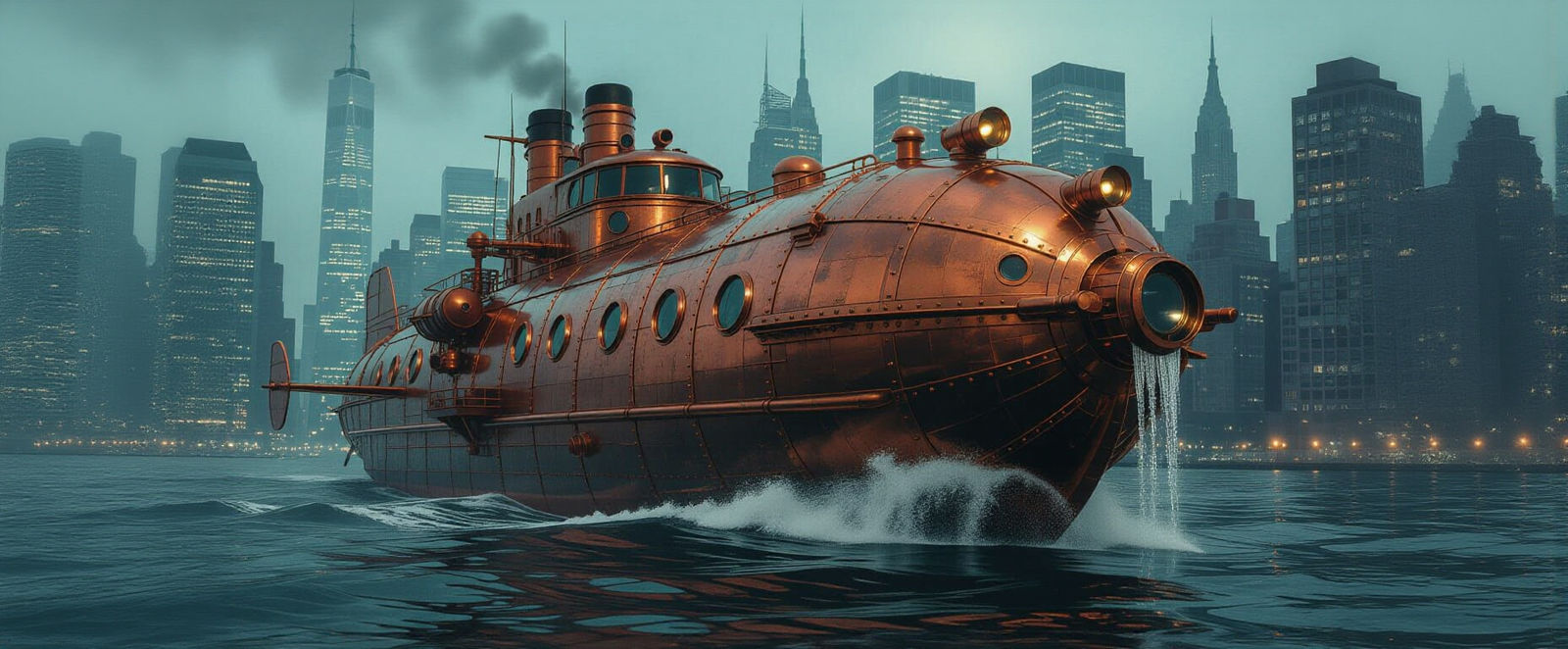 Steampunk Submarine Dreadnaught in Futuristic New York
