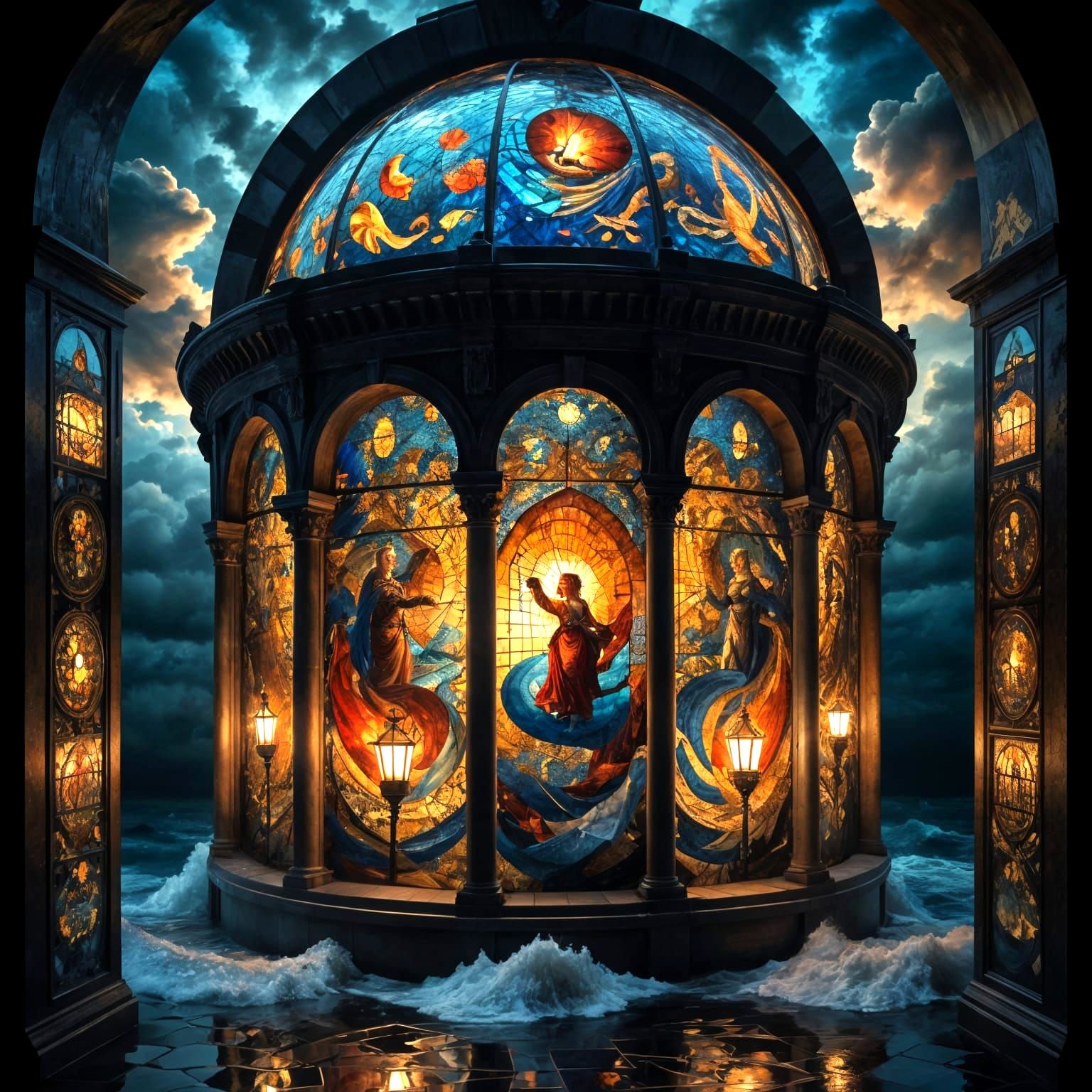 Ethereal Renaissance Mosaic Dreamscape: Watchtower Amidst Tu...