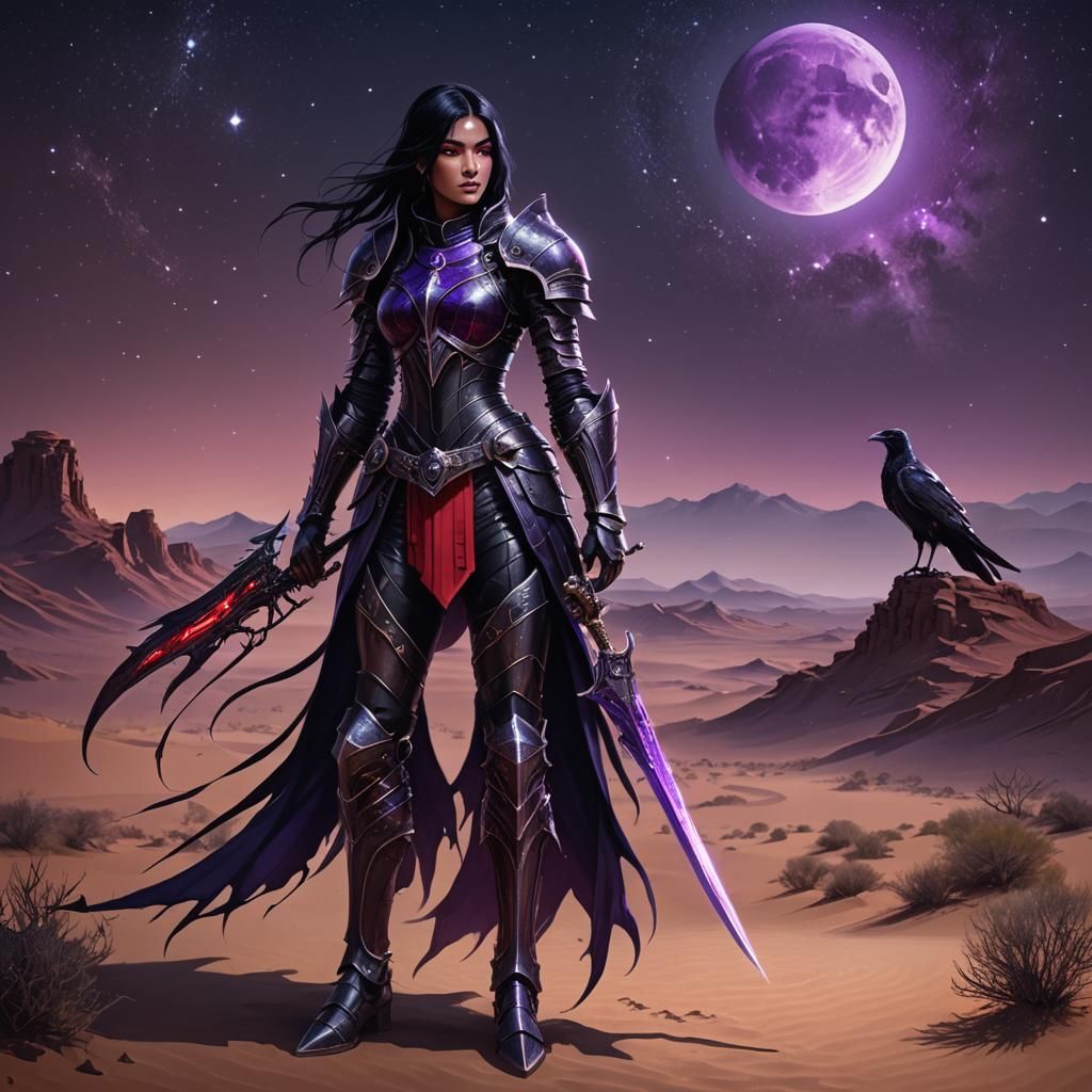 Mysterious Female Knight in Moonlit Desert Digital Art